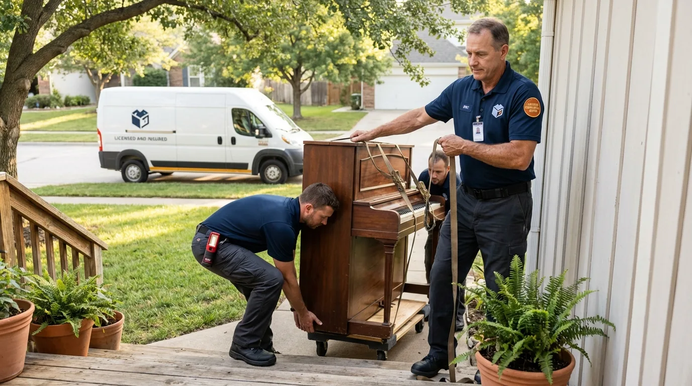 Licensed piano movers securing grand piano in Roanoke, VA